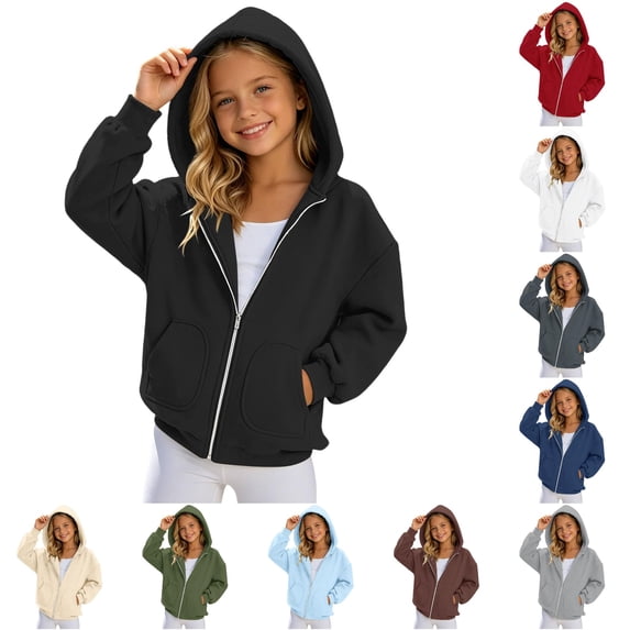 Oiyii Big Girls' Loose Fit Zip Up Hoodie Solid Long Sleeve Casual Hooded Sweatshirt Daily School Hoody Sweatshirts,Black