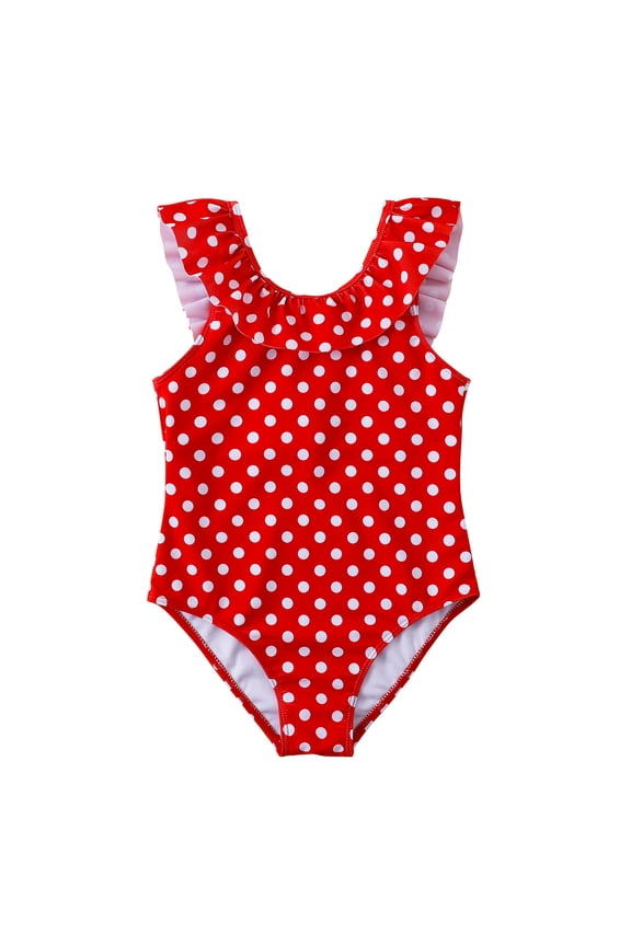 Big Girls One-Piece Swimsuit Polka Dots Ruffle Crewneck Quick Dry Bathing Suit