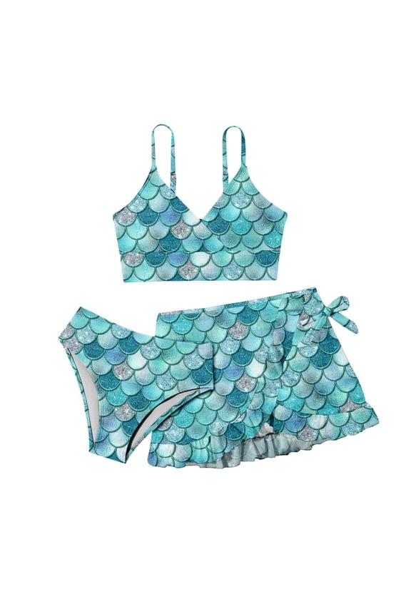 Big Girls Outfits Swimsuit 3-Piece Fish Scale Pattern Bikini Set with Skirt Sets
