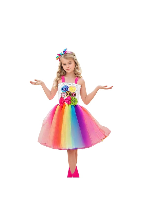 Big Girls Party Dresses Bow Lollipop Eyelet Tie-Shoulder Rainbow Mesh Dress