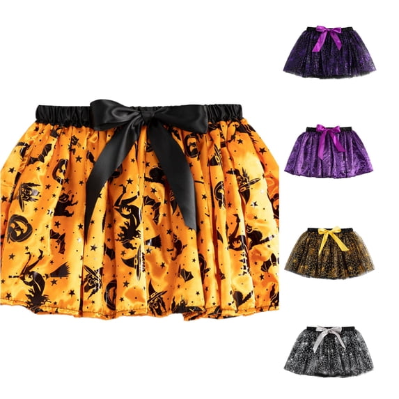 Oiyii Big Girls' Spider Web Printed Tutu Skirt Elastic Waist Mini Skirts Summer Halloween Photo Dresses,Orange