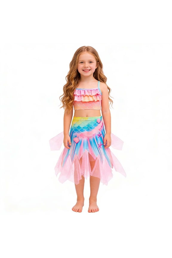 Big Girls Swimsuit Fish Scale Pattern Ruffle Bikini Set Mesh Skirt 3-Piece Sets