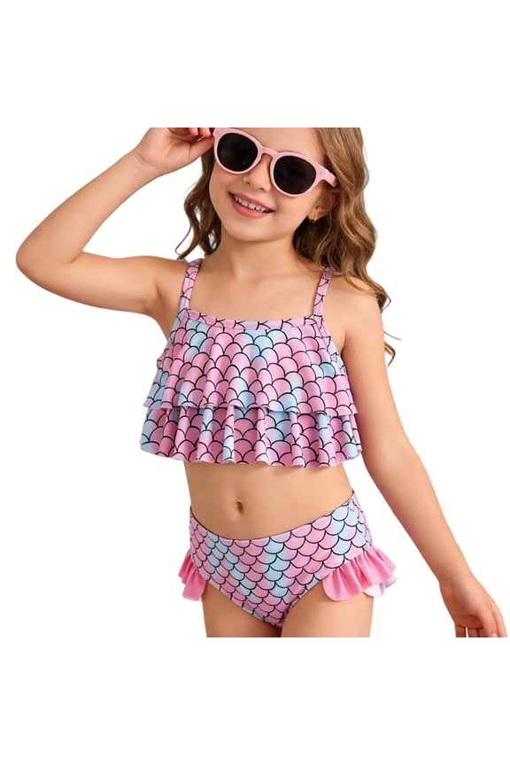 Big Girls Two Piece Swimsuit Fish Scale Pattern Ruffle Bikini Set Bathing Suit