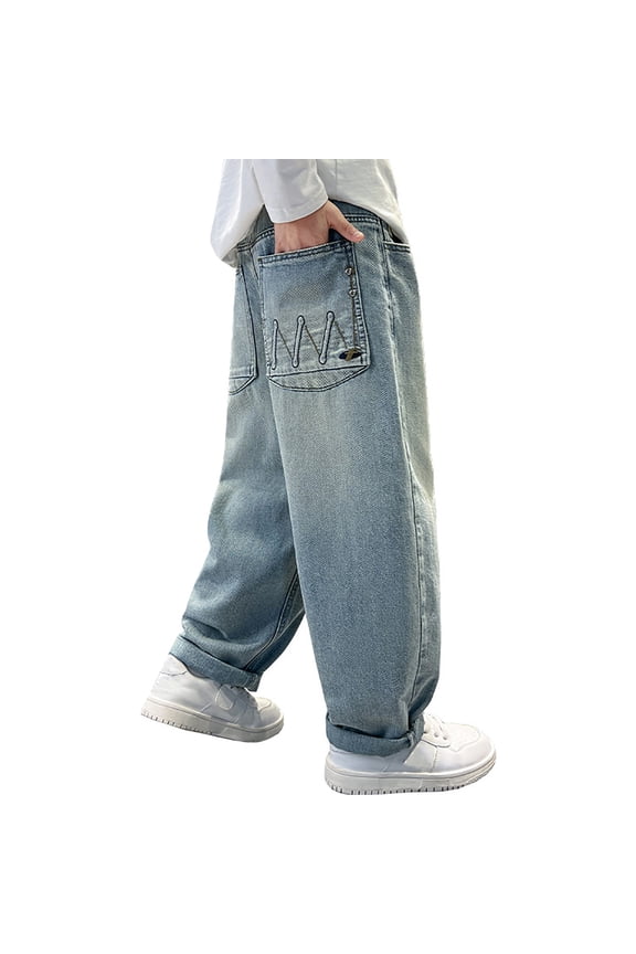 Boy's Baggy Straight Leg Denim Jeans Casual Pull On Denim Pants Trousers, Sizes 4-14