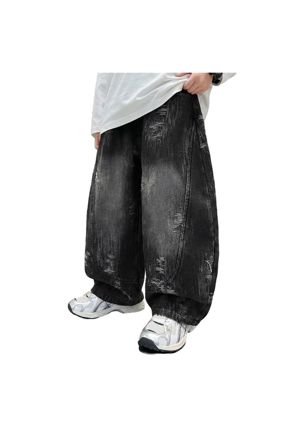 Boys Baggy Ripped Jeans Pull On Straight Denim Pants Casual Comfortable Trousers