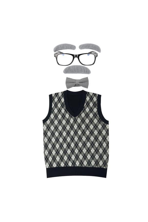 Boys Old Man Dress Up Outfits Bow-Tie Sleeveless Vest Beard Eyebrows Glasses 5Pc Set
