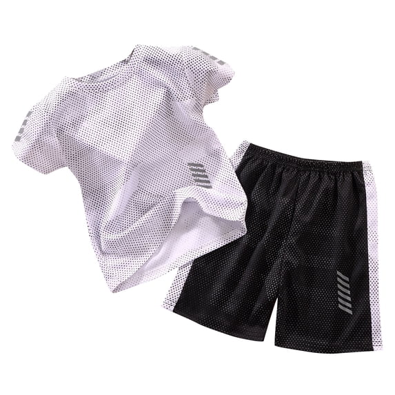 Oiyii Boys Sports Outfits Mesh Short Sleeve Tee Shorts Sets Quick Drying Tracksuit Set, Sizes 1-14