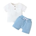 thumbnail image 1 of Oiyii Boys Summer Outfits Cotton Linen Short Sleeve Henley T-shirt Shorts Set, Sizes 0M-3Y, 1 of 7