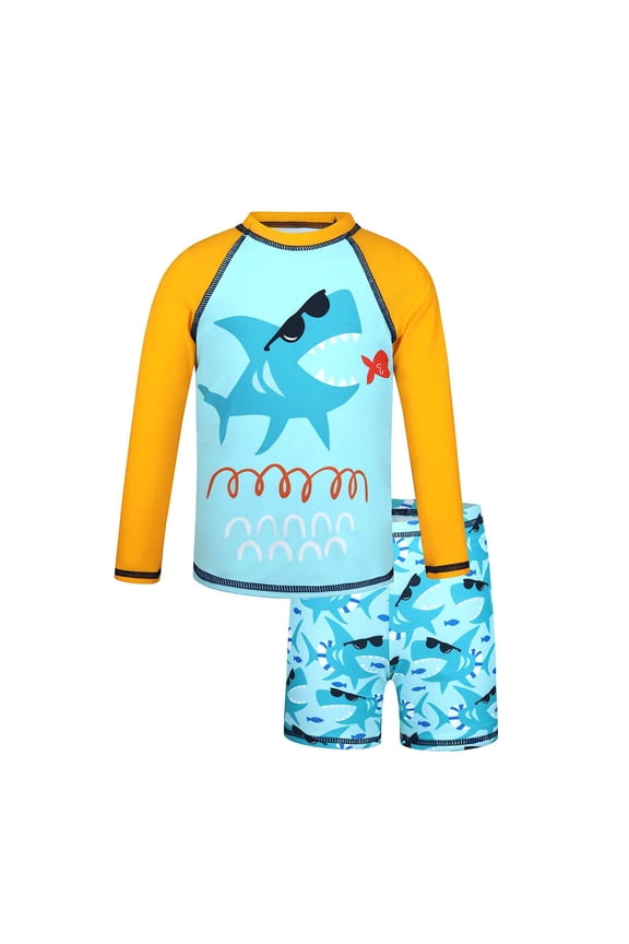 Boys Swimsuit Long Sleeve Cartoon Shark Print Rash Guard Bathing Suit, Sizes 3-7Y