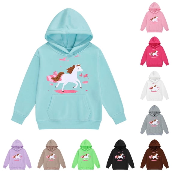 Oiyii Cartoon White Pony Horse Print Hoodie for Big Girls Long Sleeve Cute Kids Hoodie Sweatshirt Pullover Top,Sky Blue