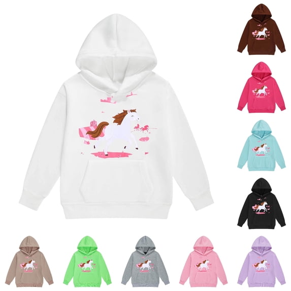 Oiyii Cartoon White Pony Horse Print Hoodie for Girls Long Sleeve Cute Kids Hoodie Sweatshirt Pullover Top,White