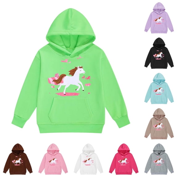 Oiyii Cartoon White Pony Horse Print Hoodie for Toddler Girls Long Sleeve Cute Kids Hoodie Sweatshirt Pullover Top,Green