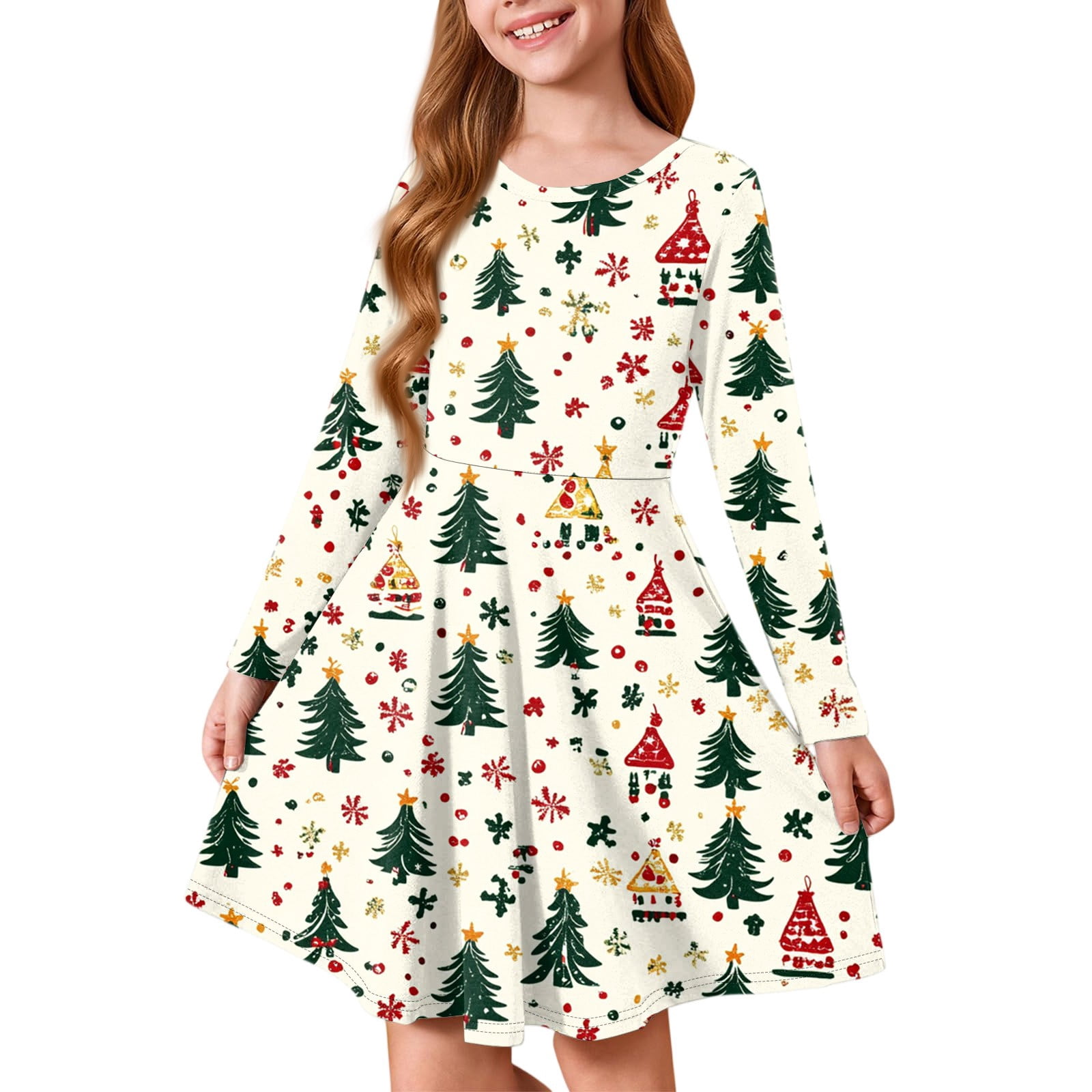 Oiyii Christmas Tree Painted Dress Vibrant Crewneck Flared Party Flare ...