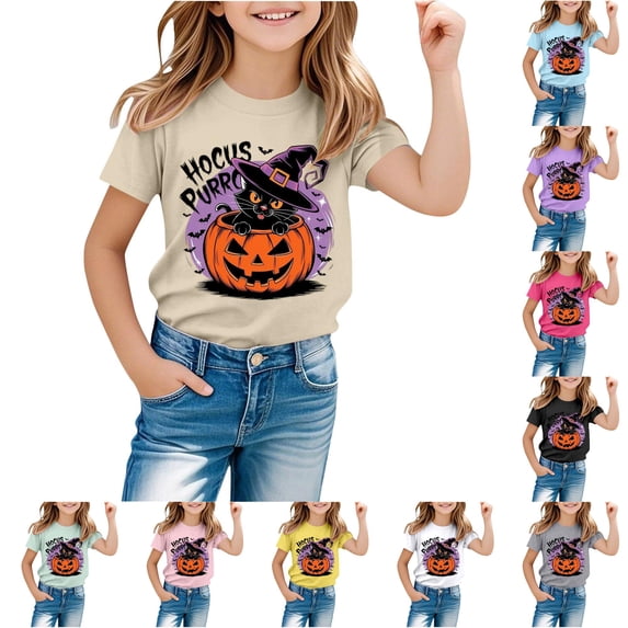 Oiyii Cute Halloween Black Cat Graphic T Shirt for Little Girls Crew Neck Tee Shirt Summer Short Sleeve Top,Beige