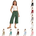 thumbnail image 1 of Oiyii Drawstring Waist Capri Pants for Big Girls Solid Wide Leg Casual Trousers Beach Wear Bottoms,Dark Green, 1 of 5