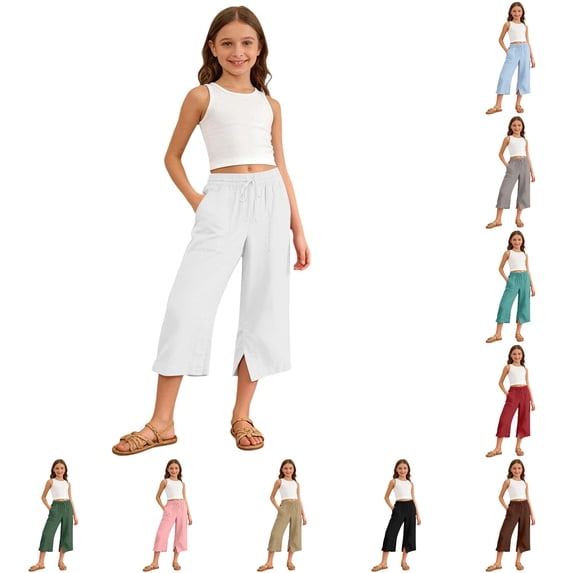 Oiyii Drawstring Waist Capri Pants for Little Girls Solid Wide Leg Casual Trousers Beach Wear Bottoms,White