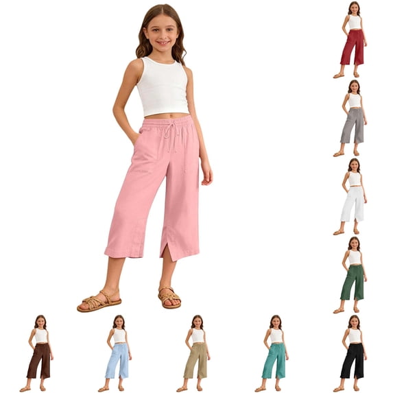 Oiyii Drawstring Waist Capri Pants for Toddler Girls Solid Wide Leg Casual Trousers Beach Wear Bottoms,Pink