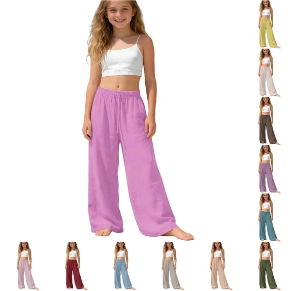 Oiyii Elastic Waist Pants for Big Girls Solid Linen Loose Casual Trousers Vacation Wear Bottoms,Hot Pink