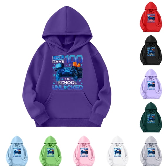 Oiyii Gamer 100 Days Print Hoodie for Toddler Boys Long Sleeve Casual Hoodie Sweatshirt Pullover Top,Dark Purple