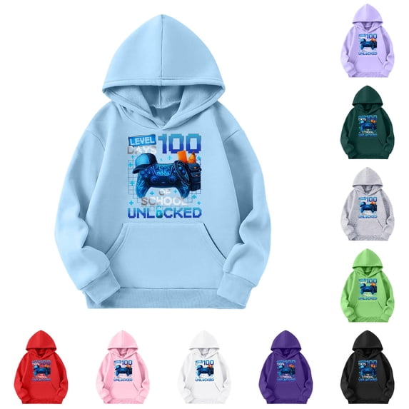 Oiyii Gamer 100 Days Print Hoodie for Toddler Boys Long Sleeve Casual Hoodie Sweatshirt Pullover Top,Light Blue
