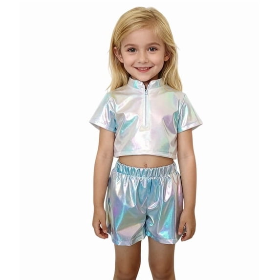 Oiyii Girl Shiny Metallic Shorts Mid Rise Pull On Shorts for Stage Performance, Sizes 3-14