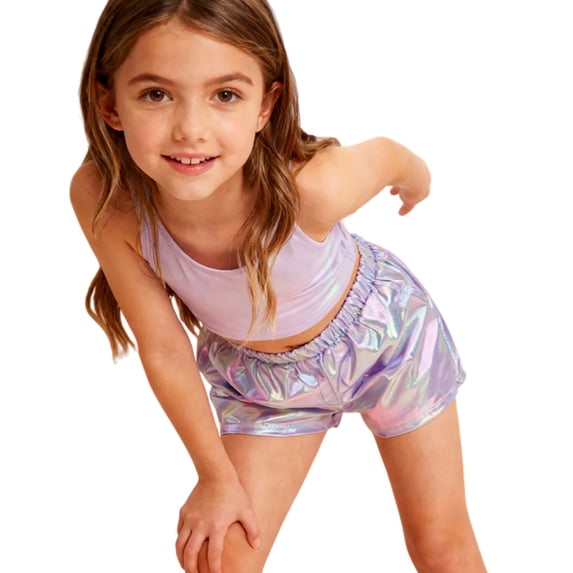 Oiyii Girl Shiny Metallic Shorts Mid Rise Pull On Shorts for Stage Performance, Sizes 3-14