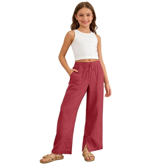 Oiyii Girls Casual Pants Soft Baggy Straight Leg Pants Drawstring Soft Slacks, Sizes 4-14