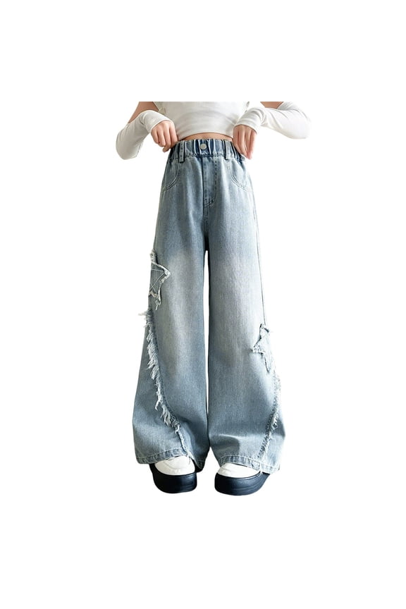 Girls Elastic Waist Wide-Leg Jeans with Star Patches Casual Straight Denim Pants
