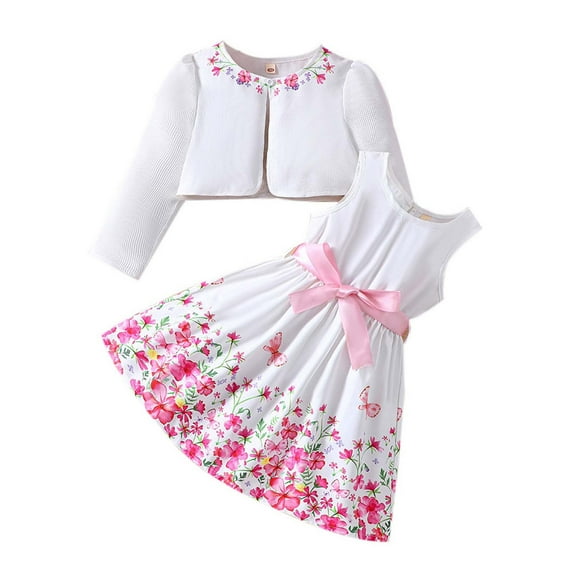 Oiyii Girls Elegant Outfits Floral Print Sleeveless Dress with Cardigan Coat, Sizes 5-6