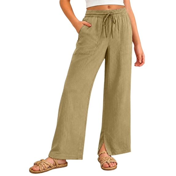Oiyii Girls High Rise Wide Leg Pants Summer Cotton Linen Elastic Waisted Pants, Sizes 5-14