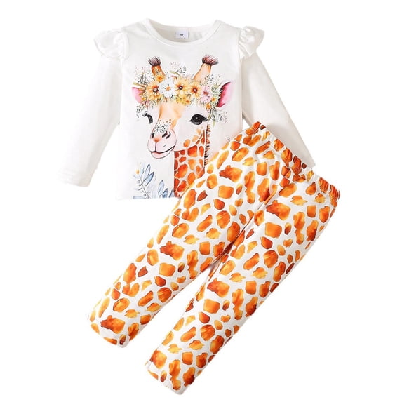 Oiyii Girls Loose Outfits 2-Piece Giraffe Print Flutter Long Sleeve T-Shirt Pants Sets