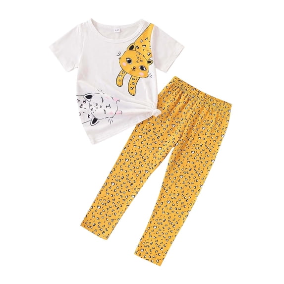 Oiyii Girls Outfits Cat Print Short Sleeve Round Neck T-Shirt Leggings Sets, Sizes 3-14