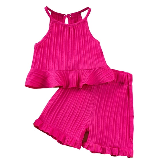 Oiyii Girls Outfits Solid Ruffle Camisole High Waist Shorts Set Summer Casual Clothes Sets
