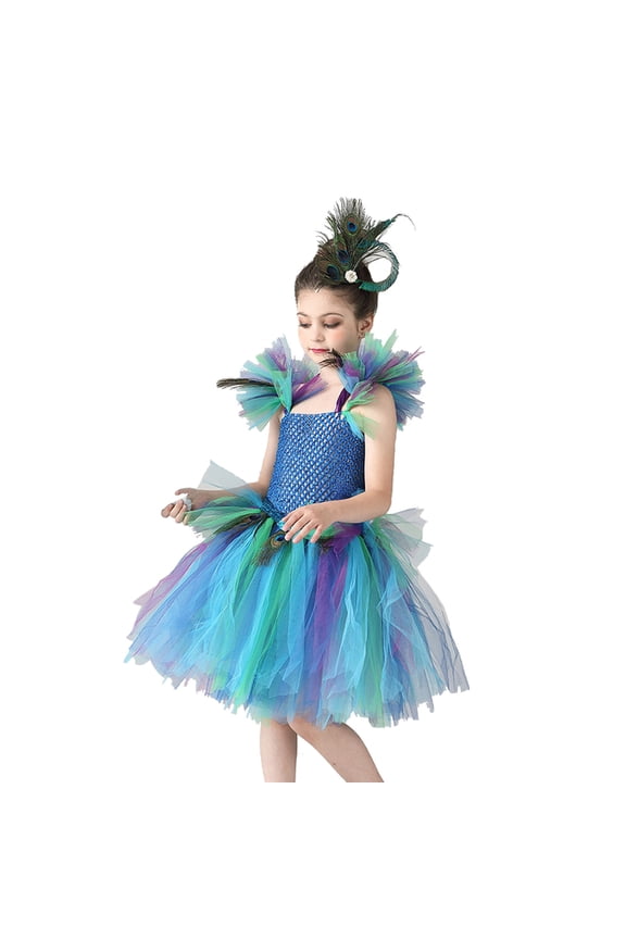 Girls Peacock Mesh Tutu Dress Stage Performance Party Dress & Headband, Sizes 6-7