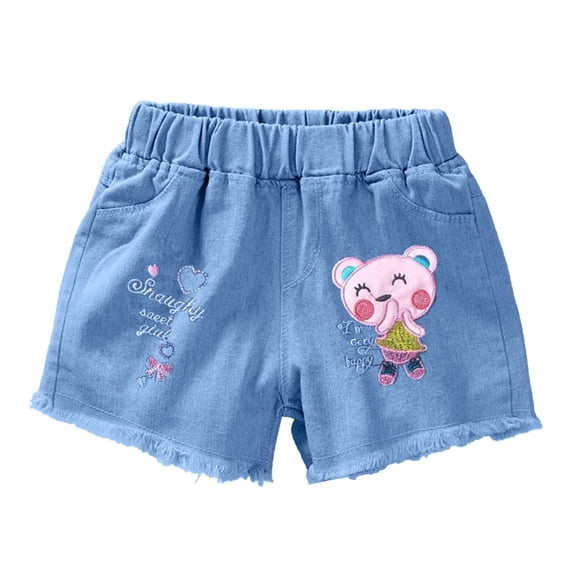 Oiyii Girls Pull On Denim Shorts Cartoon Embroidery Stretch Soft Jean Shorts, Sizes 2-14