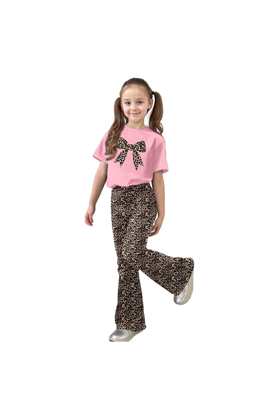 Girls Summer Outfits Leopard Bow Print Short Sleeve Crew Neck T-Shirt Flared Pants Sets