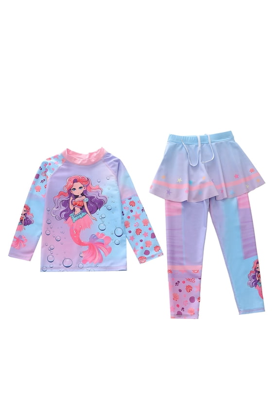 Girls Two Piece Swimsuit Cartoon Print Long Sleeve Sun Protection Bathing Suit, Sizes 4-12Y