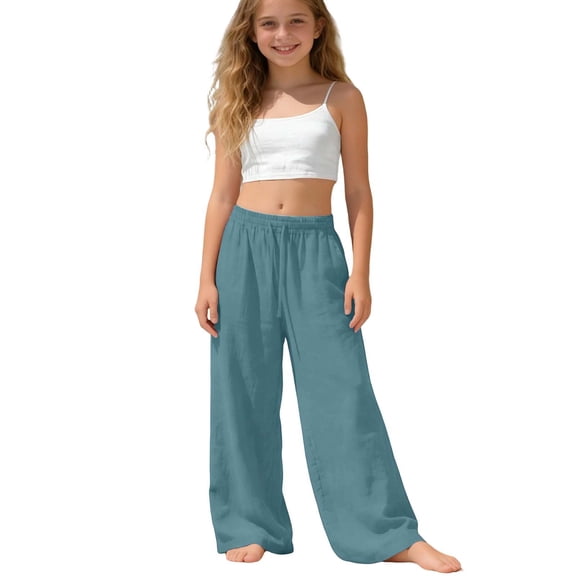 Oiyii Girls Wide Leg Pants Elastic Waist Drawstring Straight Pants Soft Slacks, Sizes 4-15