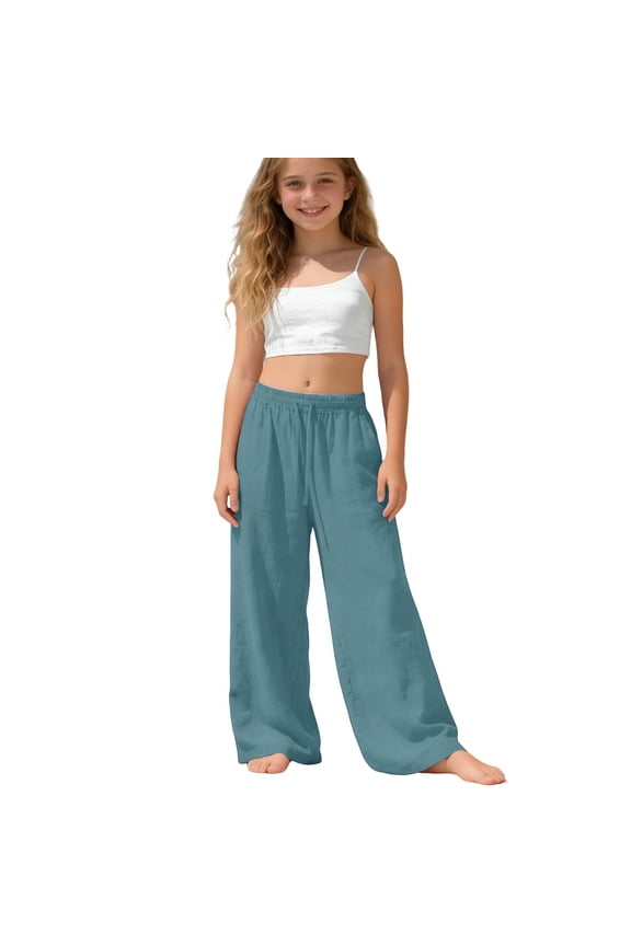 Girls Wide Leg Pants Elastic Waist Drawstring Straight Pants Soft Slacks, Sizes 4-15