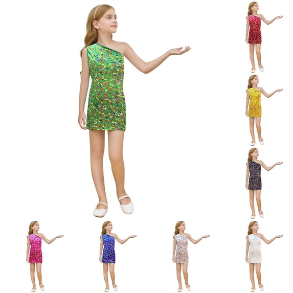 Oiyii Halloween Dress for Little Girls One Shoulder Leopard Printed Party Skirt Holiday Pageant Frock,Green