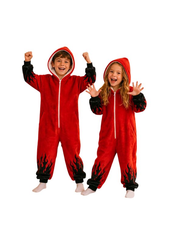 Halloween Fiery‑Flame‑Graphic‑Print Jumpsuit for Big Girls Long‑Sleeve Hooded Romper Festive Bodysuit
