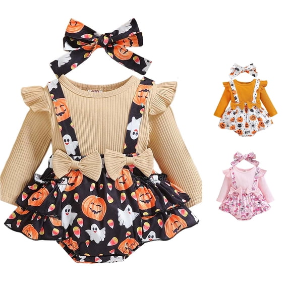 Oiyii Halloween Ghost Pumpkin Print Romper for Baby Newborn Girls Ruffle Suspender Skirt Bodysuit Infant Jumpsuit,Beige