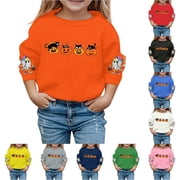 Oiyii Halloween Printed Sweatshirt for Girl Long Sleeve Crew Neck Pullover Black Cat Jack O Lantern Graphic Youth Top,Orange