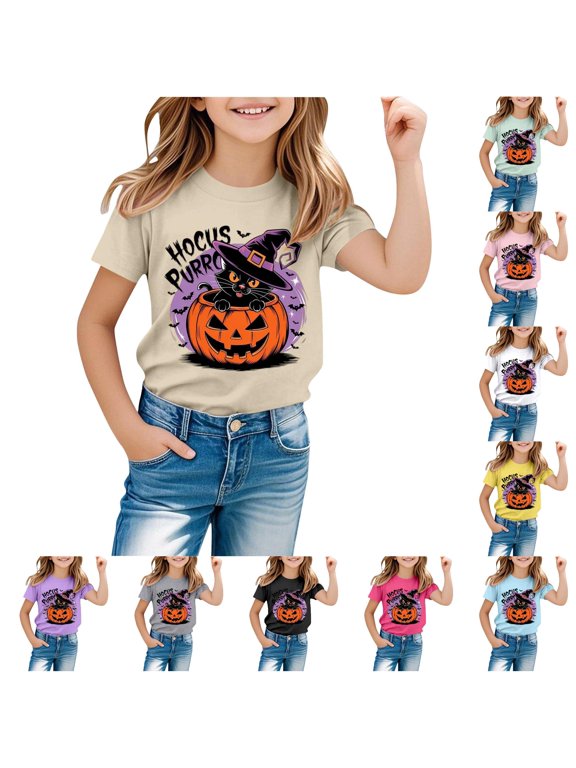 Halloween Short‑Sleeve T‑Shirt for Big Girl Hocus Pocus Cat Motif Print Festival Tees