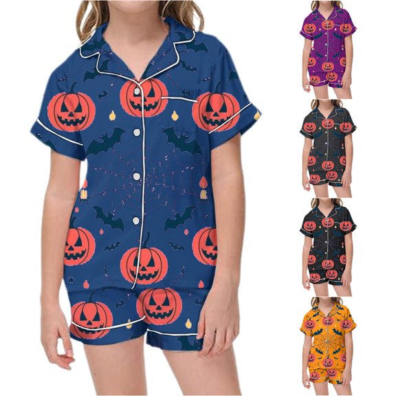 Oiyii Halloween Spider Web Pumpkin Print Sleepwear Set for Little Girls Short Sleeve Bat Graphic Nightwear Sett Homewear,Navy