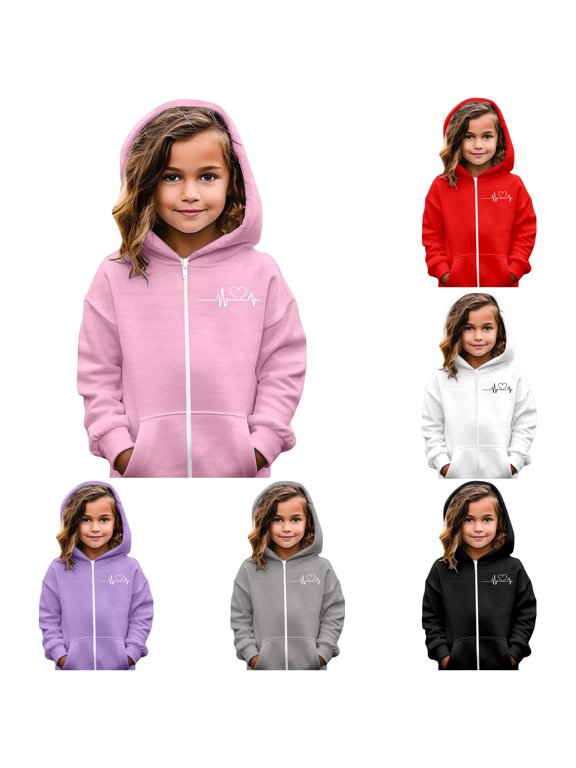 Heart EKG Line Graphic Zip Up Hoodie for Toddler Girls Long Sleeve Daily Hooded Sweatshirt Pullover Top,Pink