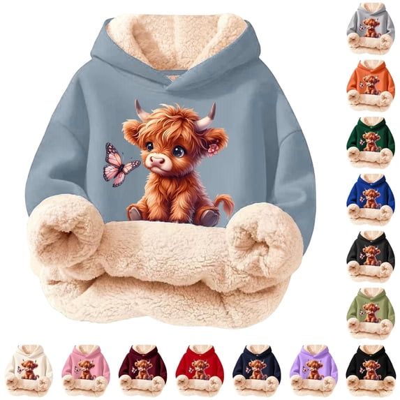 Oiyii Highland Cow Butterfly Print Hoodie for Big Girls Long Sleeve Casual Hoodie Sweatshirt Pullover Top,Light Blue