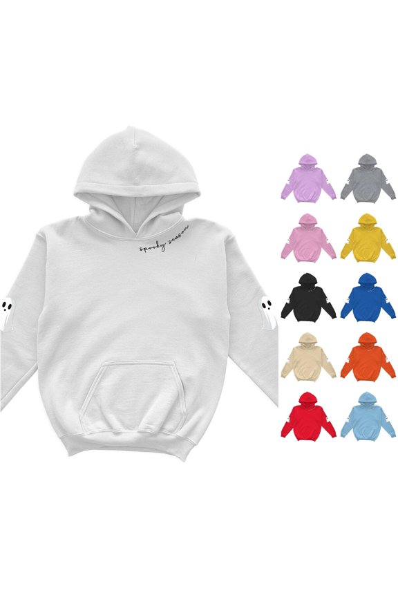 Boy's Graphic Hoodie Long Sleeve Simple Ghost Sleeve Print Halloween Hooded Sweatshirt Daily Fall Pullover Top,White