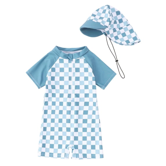Oiyii Boys One-Piece Swimsuit Plaid Short Sleeve Rash Guard with Hat 2-Piece Sets