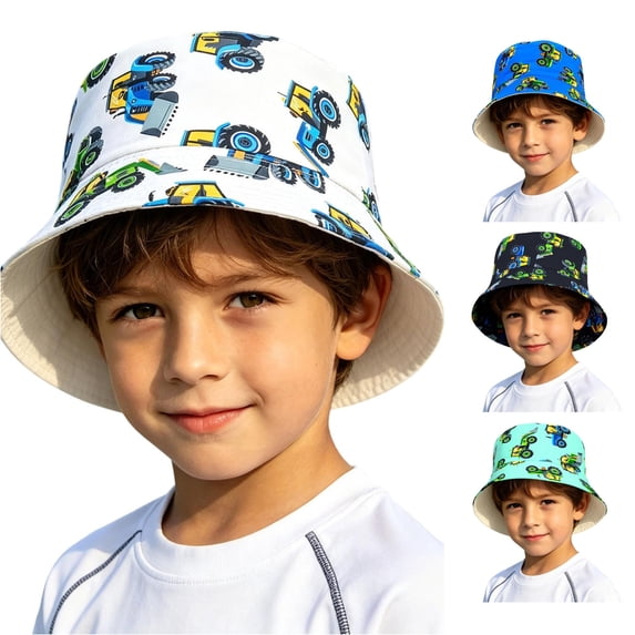 Oiyii Infant Boys Quick‑Dry Sun Hats Monster Truck Printed Sport Outdoor Play Bucket Hats, White